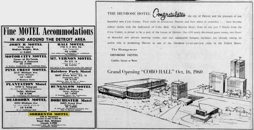 Sorrento Motel - Oct 1960 Ad With Nice Mention Of Cobo (newer photo)